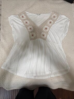 Lucky Brand White Peasant-Style Crochet V-Neck Blouse